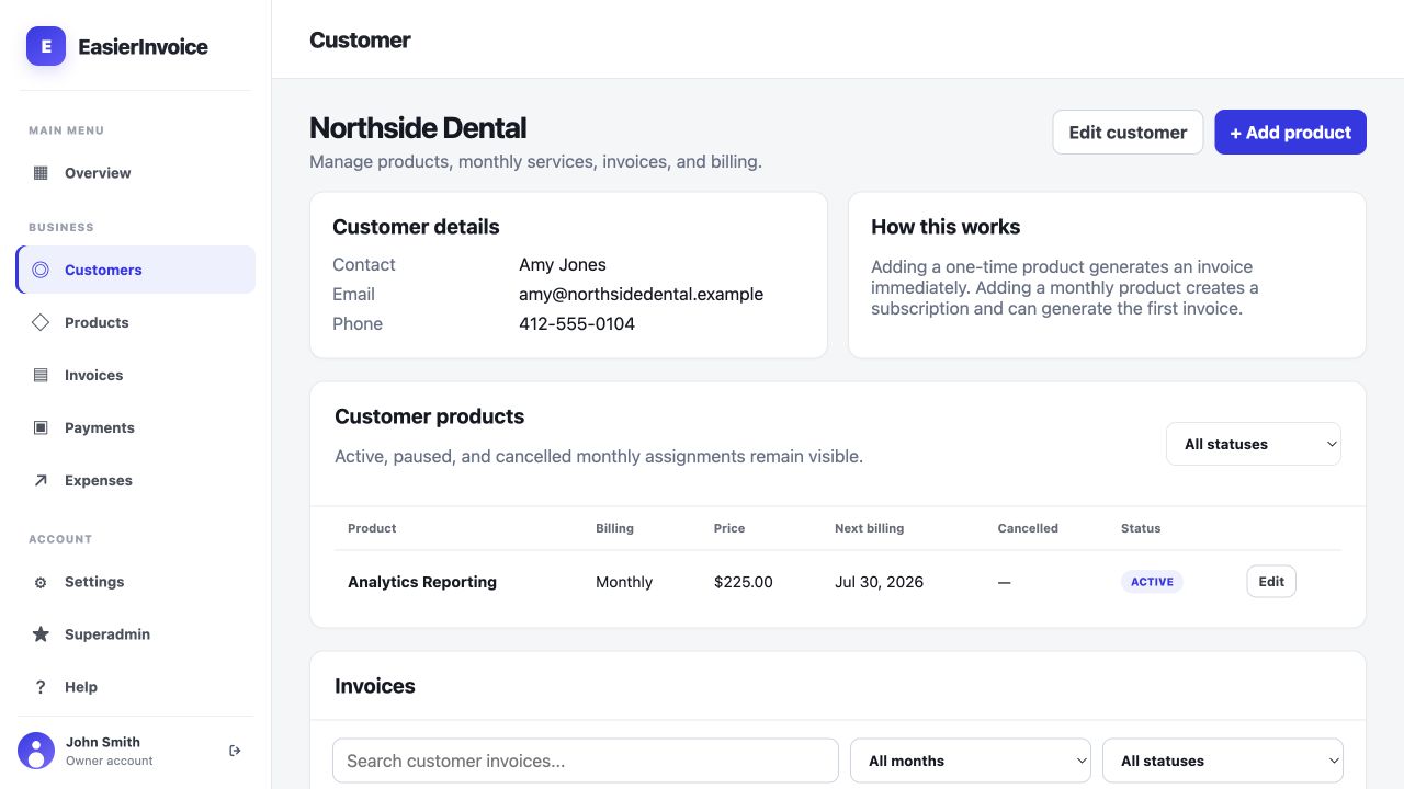 EasierInvoice customer page showing a recurring monthly product and invoice section.