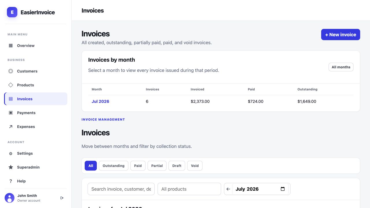 EasierInvoice invoices view with month totals and invoice status filters.